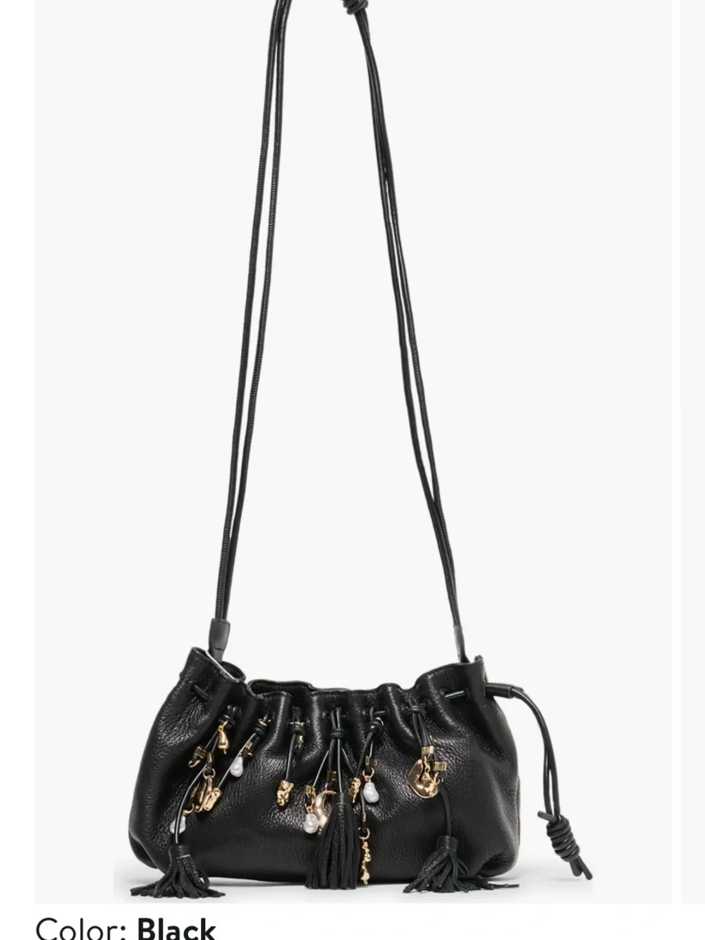 Dolce Vita Black Leather Drawstring Crossbody with Tassels & Charms